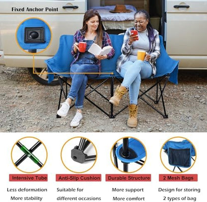 HaSteeL Folding Camping Chair, Portable Double Outdoor Loveseat for 2 Adults Person, Durable Foldable Collapsible Chairs for Camp Patio Picnic Beach Travel, Support 600Lbs, for Women & Men, Blue