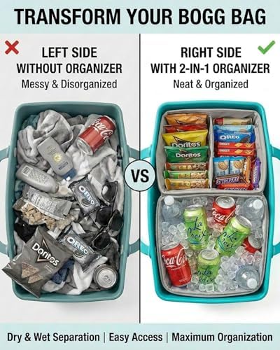 Insulated Cooler Organizer Insert Compatible with XL Bogg Bag,2-in-1 Dry-Wet Separate Tote Insert Leakproof Cooler&Mesh Storage Bag,Bogg Bag Accessories for Beach,Camping