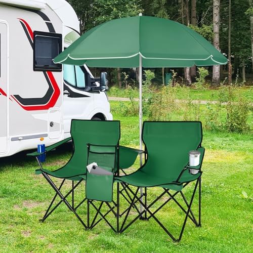 Goplus Double Camping Chairs with Umbrella, Cooler for Beach Patio
