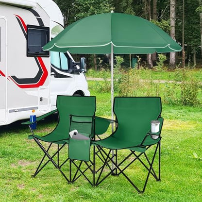 Goplus Double Camping Chairs with Umbrella, Cooler for Beach Patio