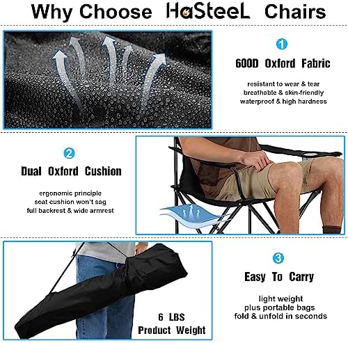 Foldable Camping Chair Set of 2, HaSteeL Folding Camp Chairs & Carrying Bags for Adults, Portable for Lawn, Outdoors, Fishing, Hiking, Travel, Picnic, Beach, Oversized & Supports 275lbs (Black & Blue)