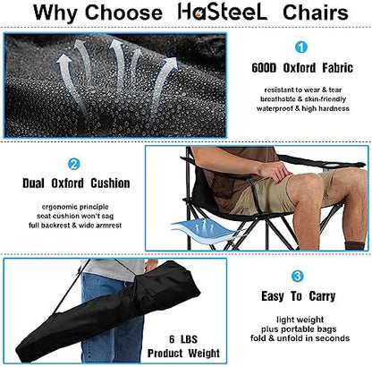 Foldable Camping Chair Set of 2, HaSteeL Folding Camp Chairs & Carrying Bags for Adults, Portable for Lawn, Outdoors, Fishing, Hiking, Travel, Picnic, Beach, Oversized & Supports 275lbs (Black & Blue)