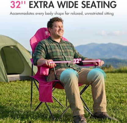 EVER ADVANCED Oversized Camping Chairs, Folding Chairs for Outside Heavy Duty 400LBS Lawn Chairs High Back Camp Chair with Cup Holder for Outdoor, Fishing & Sports, Pink