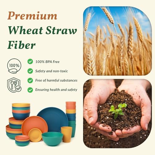 Homienly 40-Piece Unbreakable Wheat Straw Dinnerwave Sets Plates and Bowls Sets for Kitchen, RV, Dorm, Lightweight Camping Dishes Set, Service for 8, Microwave and Dishwasher Safe Dish Sets (Multi)
