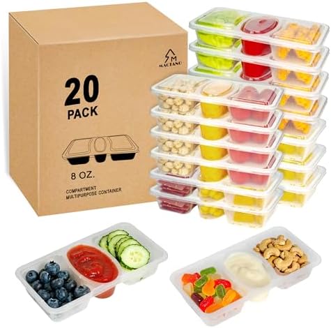 MACTANO 8 OZ Reusable Snack Containers with Lids, New 3 Compartment Condiment Snack Pack Containers 20 Sets