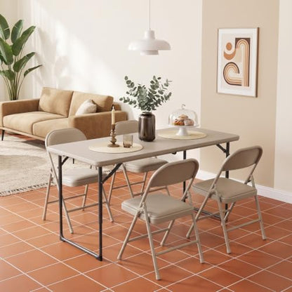Folding Table, 4FT Foldable Picnic Table with Carrying Handle, Heavy Duty Fold-in-Half Portable Table for Weddings, Camping, RV Travel, Parties, BBQs, and Indoor Use, Easy to Fold and Store, Khaki