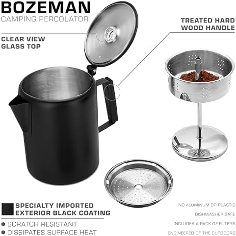 COLETTI Bozeman Black Percolator Coffee Pot — Camping Coffee Pot — America’s Sleekest Percolator – NO Aluminum or Plastic [12 cup]