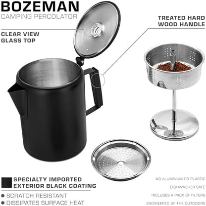 COLETTI Bozeman Black Percolator Coffee Pot — Camping Coffee Pot — America’s Sleekest Percolator – NO Aluminum or Plastic [12 cup]
