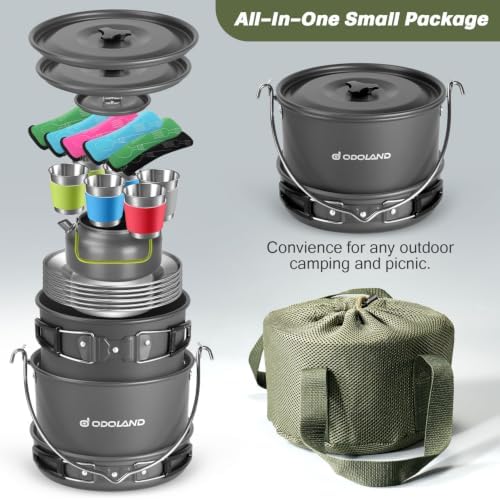 Odoland 39pcs Camping Cookware Mess Kit, Non-Stick Large Size Hanging Pot Pan Kettle with Base Dinner Cutlery Sets for 6 and More, Cups Dishes Forks Spoons Kit for Outdoor Camping Hiking Picnic
