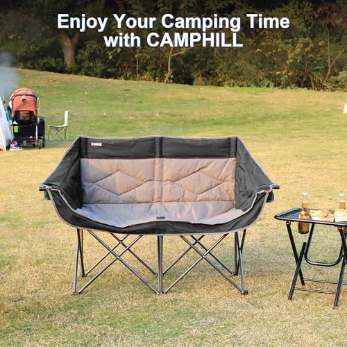 Oversized Double Camping Chair-Heavy Duty 2 Person Folding Loveseat Camp Couch for Adults,Portable Outdoor Lawn Chairs with Padded Seat for Fishing,Sports and Patio,Supports 500 LBS,Black