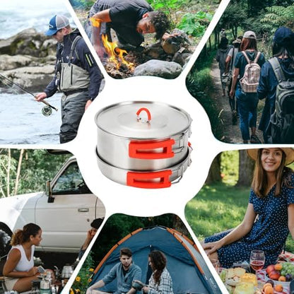 Camping Cookware Set 304 Stainless Steel Camping Pot Pan and Kettle Kit