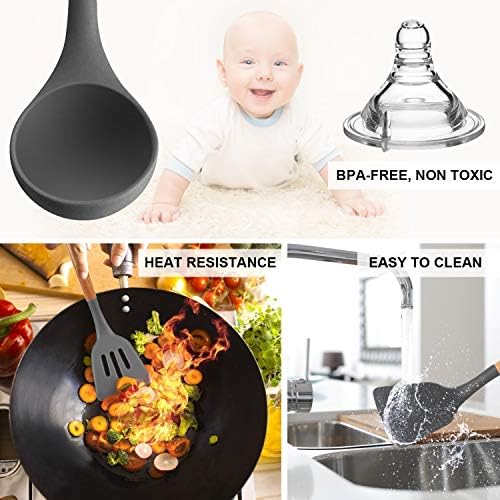 MIBOTE Silicone Cooking Kitchen Utensils Set, 17 Pcs, Wooden Handle, Grey