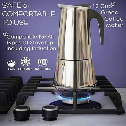 Mixpresso 12 Cup Greca Moka Pot, Stainless Steel Stovetop Espresso Maker