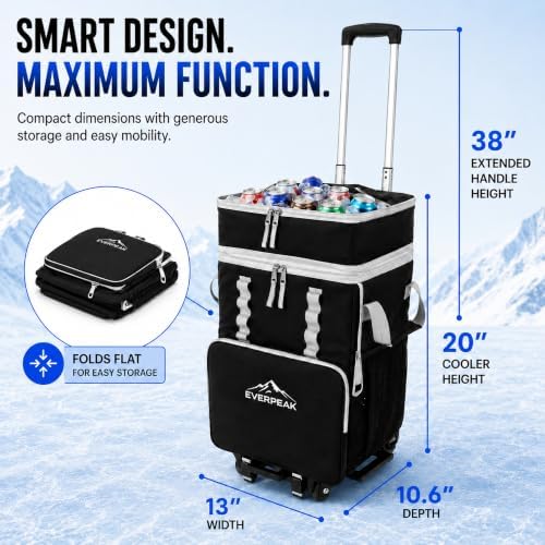 72-Can Large Collapsible Soft Cooler with Wheels, Insulated Leakproof Cooler Bag with Handle, Removable Lunch Box Top, All-Terrain Wheels, Portable Cooler for Beach, Camping, Picnic, Travel