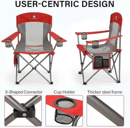 2 Pack Camping Chairs for Adults,Oversized Mesh Back Lawn Chair with Cup Holder, Side Pocket&Bag for Outdoor,Beach,Picnic,Fishing,and Sports,Breathable,Heavy Duty,Red