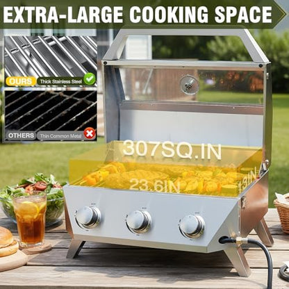 BESTFIRE 3-Burner Tabletop Gas Grill with Viewing Glass, 30,000 BTU Stainless Steel Portable Propane BBQ Grill with Thermometer, Professional Outdoor Cooking for Patio, Camping, RV and Tailgating