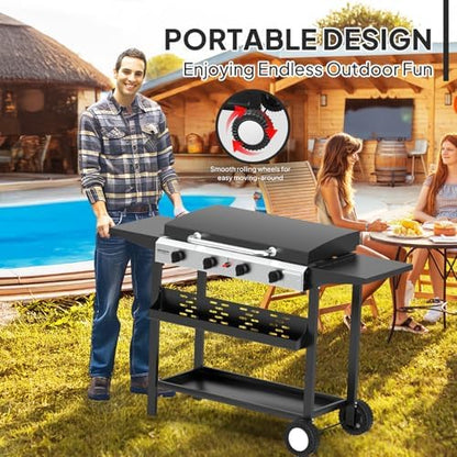 ROVSUN 4 Burner Portable Propane Griddle with Electronic Ignition, 40000 BTU Rolling Flat Top Gas Grill with Enameled Tray & Lid, Side Shelves & Regulator for Outdoor Cooking Camping BBQ Tailgating