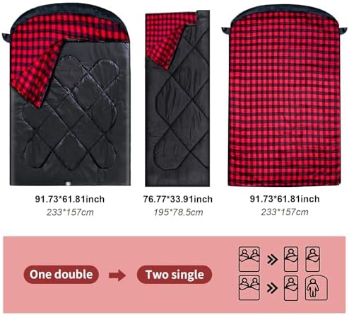 ShinHye Double Sleeping Bag for Adults with 2 Pillows, Camping Sleeping Bags Flannel Cotton 2 Person Sleeping Bags XXL Queen Size Sleeping Bag for Cold Weather