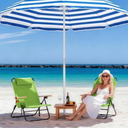 2 Pack Premium 5-Position Reclining Camping Chair - Portable Folding Lightweight Outdoor Chair with Wooden Armrests, Headrest & Pockets, 350lbs Heavy Duty for Beach, Patio, Light Green