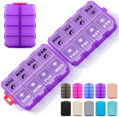 Foldable Portable 7 Day Pill Organizer 2 Times a Day, AM PM Weekly Pill Box