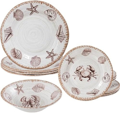 Rustic Farmhouse Melamine Dinnerware Sets, 12 Piece Oceanic Theme Plates and Bowls Set for Patio, Vintage Coastal Dishes Dinnerware Set of 4, Great for Camper, RV, Antique Tan Brown