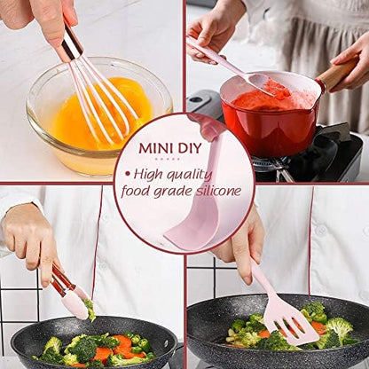 Collfa Rose Gold And Pink Kitchen Utensil Small Five-Piece Set Mini Silicone Kids Kitchen Tools Whisk Spatula Tongs Spoon And Slotted Spatula(Kids Baking Supplies)