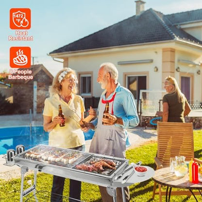 Charcoal Grills,Stainless Steel Folding Portable BBQ Grill Large Charcoal Grill for Garden Backyard Party Picnic Travel Outdoor Cooking Use With Non-Stick Frying Pan