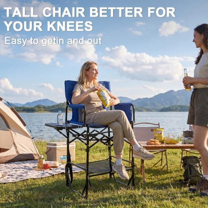 Romswi 2 Pack 30" Extra Tall Folding Camping Chairs, Heavy Duty Director Chairs with Side Table, Cup Holder & Storage Pocket, 400 LBS Support, Portable Outdoor Chairs for Camping, Sports, Events, Blue