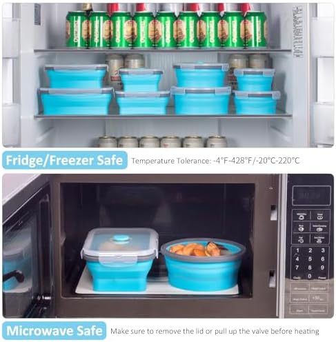 8 Pack Collapsible Food Storage Containers with Lids, Silicone Collapsible Food Containers, Collapsible Storage Containers Sets for Snack Camping RV, Microwave Freezer Dishwasher Safe, Blue