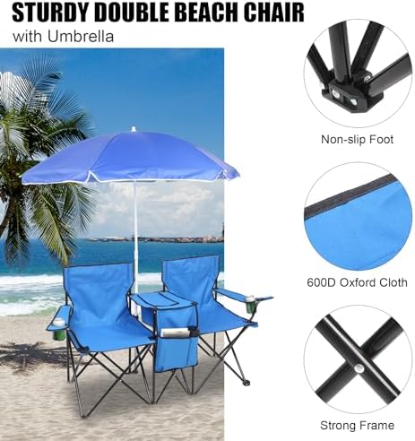Outvita Folding Double Camping Chair w/Umbrella, Cooler for Beach Patio L