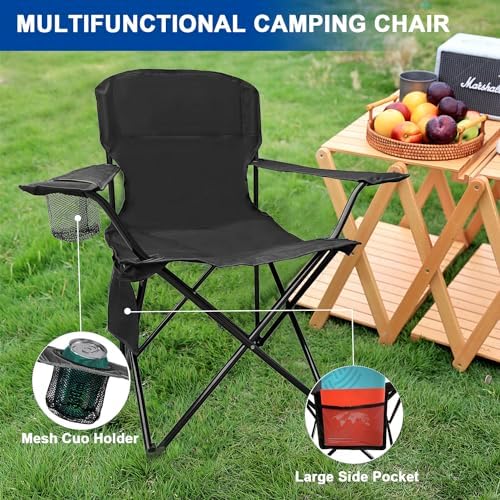 2PCS Folding Camping Collapsible Chairs Heavy Duty Lawn Chair with Cooler Bag, Storage Pocket, Waterproof Bag Outdoor Arm Chair, Supports 225LBS, Black