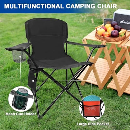 2PCS Folding Camping Collapsible Chairs Heavy Duty Lawn Chair with Cooler Bag, Storage Pocket, Waterproof Bag Outdoor Arm Chair, Supports 225LBS, Black