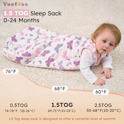 Yoofoss Baby Sleep Sack 0-6 Month 1.5TOG 100% Organic Cotton 2-Way Zipper
