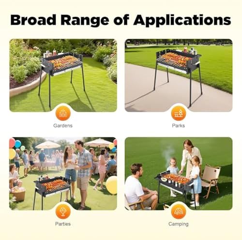 Portable Charcoal Grill with 3-Gear Height Adjustment – 3-8 Person 201 Stainless Steel Freestanding BBQ for Backyard Camping & Family Cookouts w/25.79x11.42in Cooking Surface