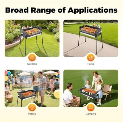 Portable Charcoal Grill with 3-Gear Height Adjustment – 3-8 Person 201 Stainless Steel Freestanding BBQ for Backyard Camping & Family Cookouts w/25.79x11.42in Cooking Surface