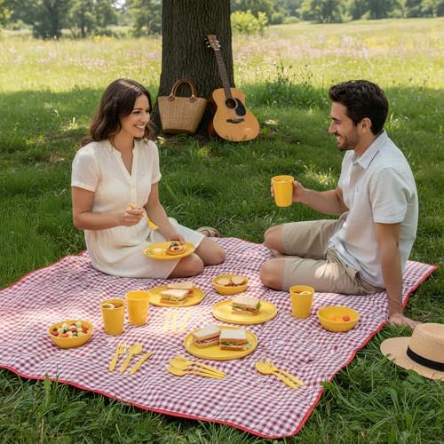 SE 25-Piece Outdoor Dining Set for 4 Persons – BPA-Free Camping Dinnerware Set with Plates, Bowls, Cups, Utensils & Storage Case, Yellow Picnic Tableware Kit - OD-U04-P