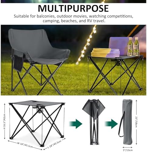 Leonyo Camping Chairs for Adults, 2 Pack Folding Lawn Chair & Table, Grey