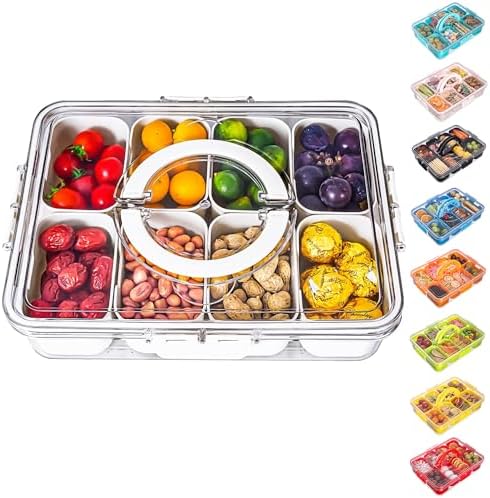 Dingerjar Divided Serving Tray with Lid and Handle - Snackle Box Charcuterie Container for Portable Snack Platters - Clear Organizer for Candy, Fruits, Nuts, Snacks - Perfect for Party, Entertaining