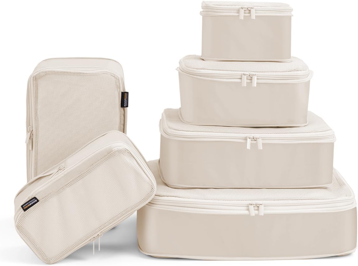 6 Set Compression Packing Cubes for Travel, Large Medium Small Luggage Organizers, Storage Bags for Clothes (6 Pack, Cream White)