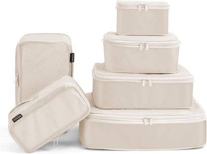 6 Set Compression Packing Cubes for Travel, Large Medium Small Luggage Organizers, Storage Bags for Clothes (6 Pack, Cream White)