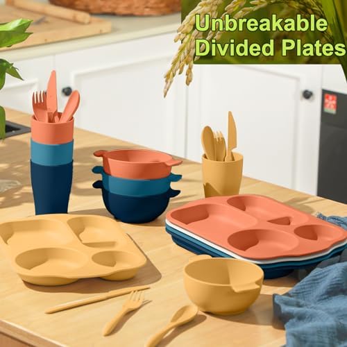 Honoson 24pcs Wheat Straw Dinnerware, Unbreakable, Bright Color