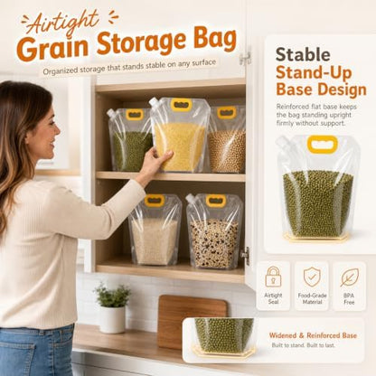 Airtight Grain Storage Bags with Handle - Cereal Containers with Pour Spout, Reusable Rice Food Sealed Container (10PCS,Large-350 OZ)