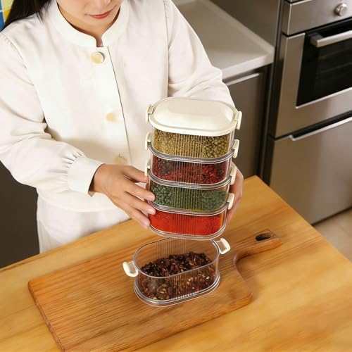 5-Layer Stackable Spice Storage Box - Space-saving Food Containers with Easy Lock Lids, Condiment Organizer Box for Seasoning Cereal Coffee Beans, Family Gathering Picnic Party Camping Use (Beige)