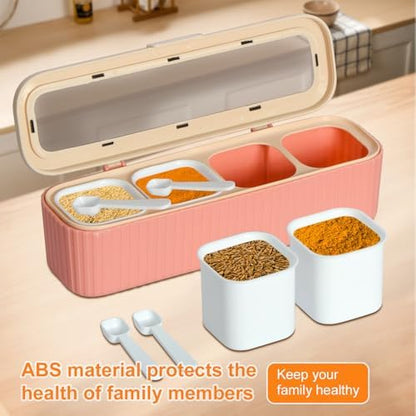 Clear Seasoning Box, 4 Packs Seasoning Rack Spice Pots, Condiment Jars Seasoning Box with Clear Covers and Spoons for Spice, Sugar, Salt, Pepper, Garlic Powder (Pink)