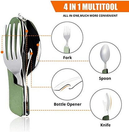 Hikenture Camping Utensils, 4-in-1 Stainless Steel Fork Spoon Knife Set