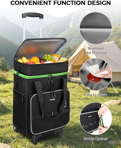 Ytonet 2-in-1 Rolling Cooler with Wheels, 55 Cans/40L Large Insulated Cooler on Wheels with Detachable Top Bag, Leakproof Soft Sided Cooler Bag for Beach, Picnic, Camping, Travel and Grocery，Black