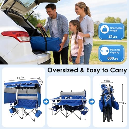 Suteck Double Camping Chair with Canopy, 660lbs Folding Loveseat with Shade
