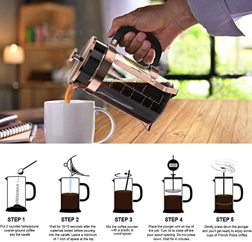 QUQIYSO French Press 34oz, Stainless Steel and Thickened Glass Coffee Maker
