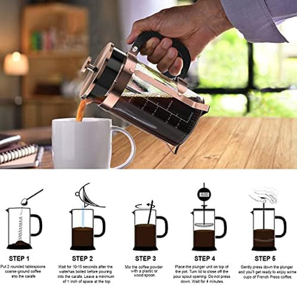 QUQIYSO French Press 34oz, Stainless Steel and Thickened Glass Coffee Maker