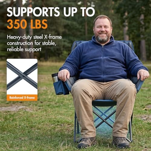 Portal 32" Oversized Camping Chair, Foldable Heavy Duty 350 lb Padded Ergonomic Seat for Big & Tall Adults, Pinch-Free Extra Wide Design Featuring Cup Holder & Carry Bag for Fishing, Lawn & Sidelines